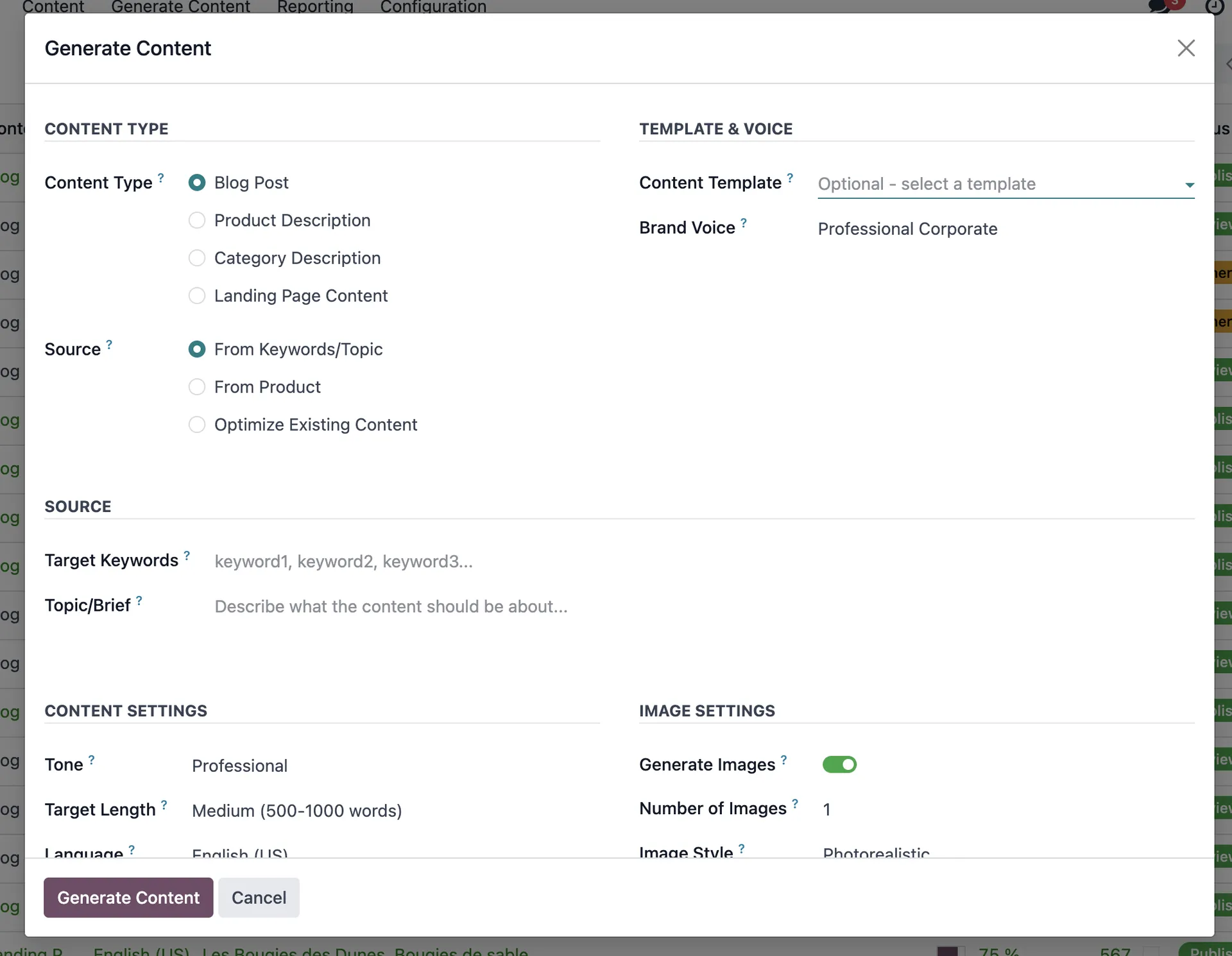 SEO Content generation wizard in Odoo