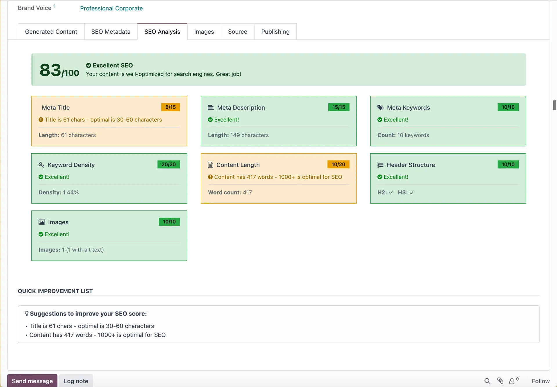 SEO analysis with score and recommendations